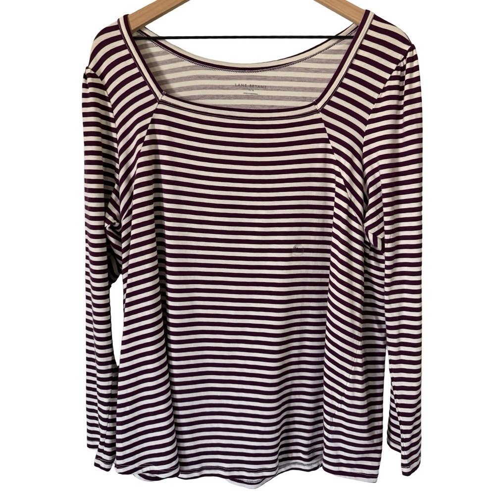 Lane‎ Bryant Striped Square Neck Long Sleeve Top Plum White Size 14/16 NEW